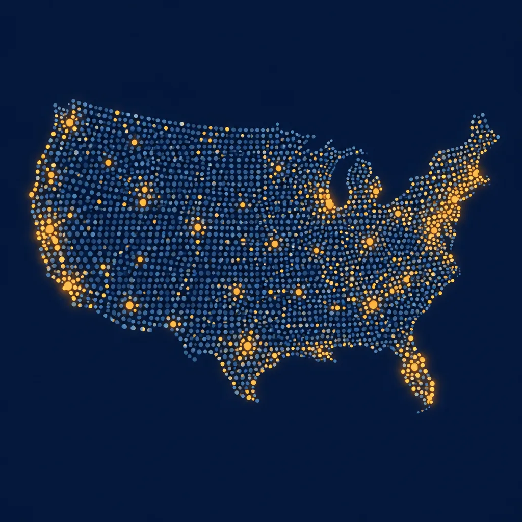 Illustrative dot map of the United States with some dots highlighted in amber