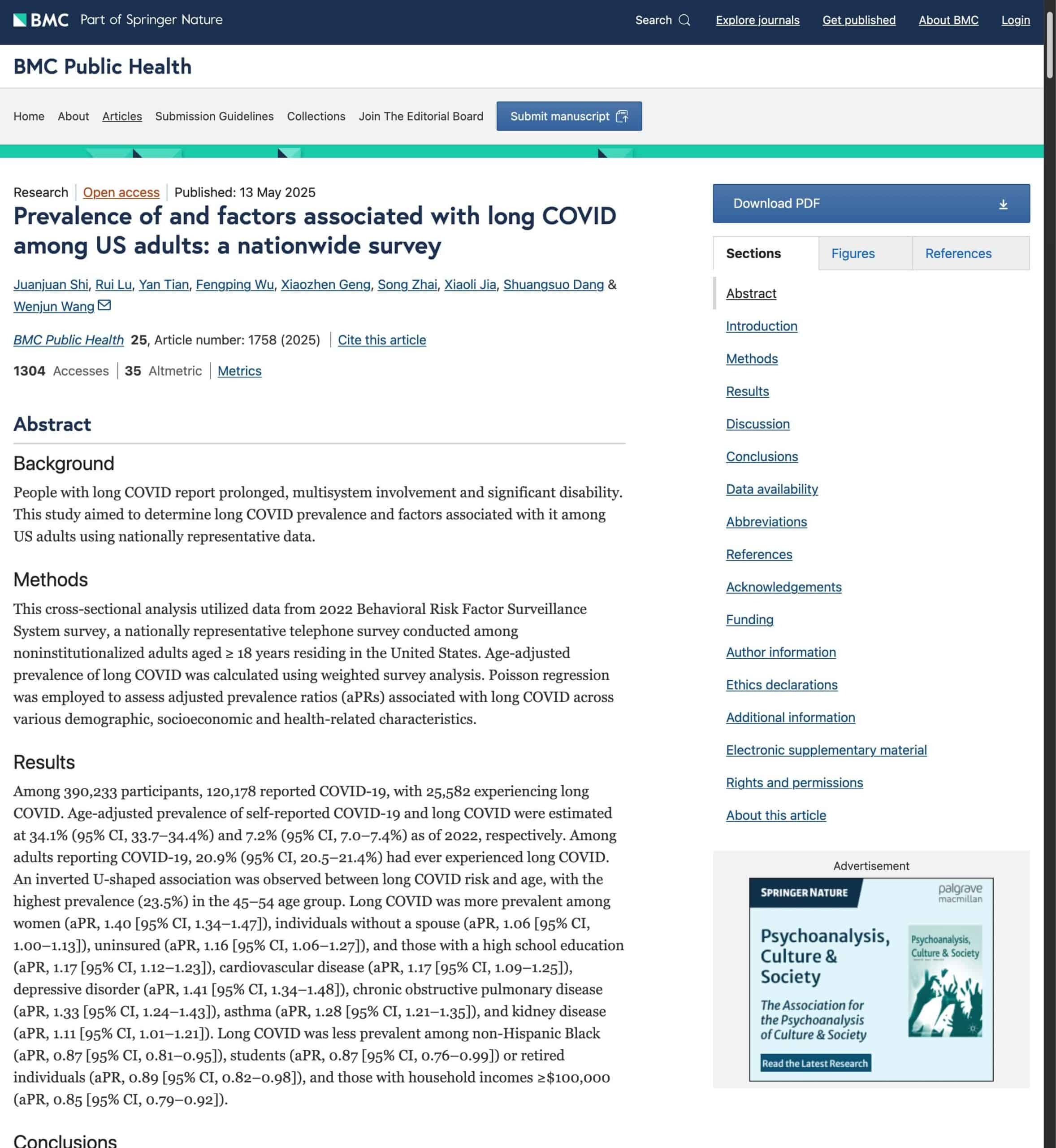 BMC Public Health – “Prevalence of and factors associated with Long COVID among US adults: a nationwide survey”